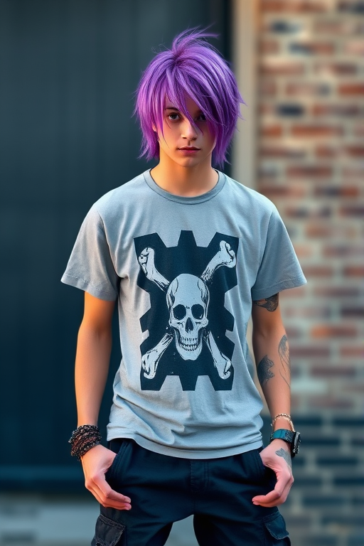 Create a full-body portrait of a punk-styled individual with purple hair, wearing a graphic tee and black cargo pants, captured in high resolution, with a Canon EOS R5, 50mm lens, f/1.8 aperture, ISO 100, and natural lighting to enhance details and colors.