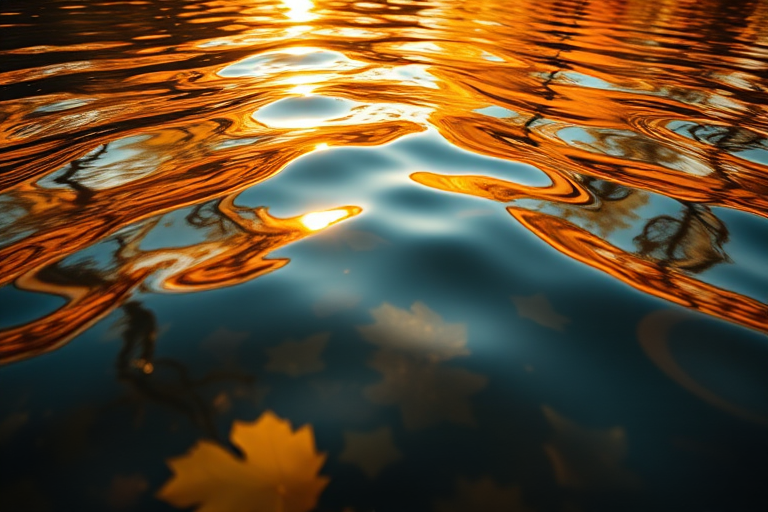 Generate a vibrant image of water reflecting golden autumn colors with a smooth surface, using a Canon EOS R5, 50mm lens, f/1.8 aperture, ISO 100, and a shutter speed of 1/200s, capturing a serene and warm atmosphere from a low angle view.