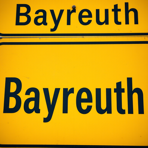 Create a vibrant image of a yellow sign with the text "Bayreuth" in bold black letters, using a DSLR camera, aperture f/2.8, ISO 100, focal length 50mm, taken from a straight-on perspective for maximum clarity.