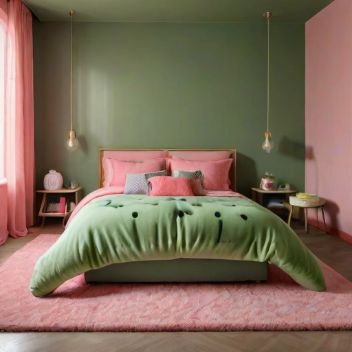 This image is a photograph of a whimsical, surreal bedroom designed to resemble a watermelon. The room is painted in various shades of green and pink, with walls and furniture matching the color theme. The bed, which is the central focus, is shaped like a giant watermelon with a large, round, button-like indentation at the foot. The pillows are a deep pink, and a plush pink blanket is draped over the bed. The bed is positioned against a wall with a light gray, textured finish. Above the bed, a wooden shelf holds various decorative items including a framed picture, a small vase, and a ceramic figure: all watermelon themed.