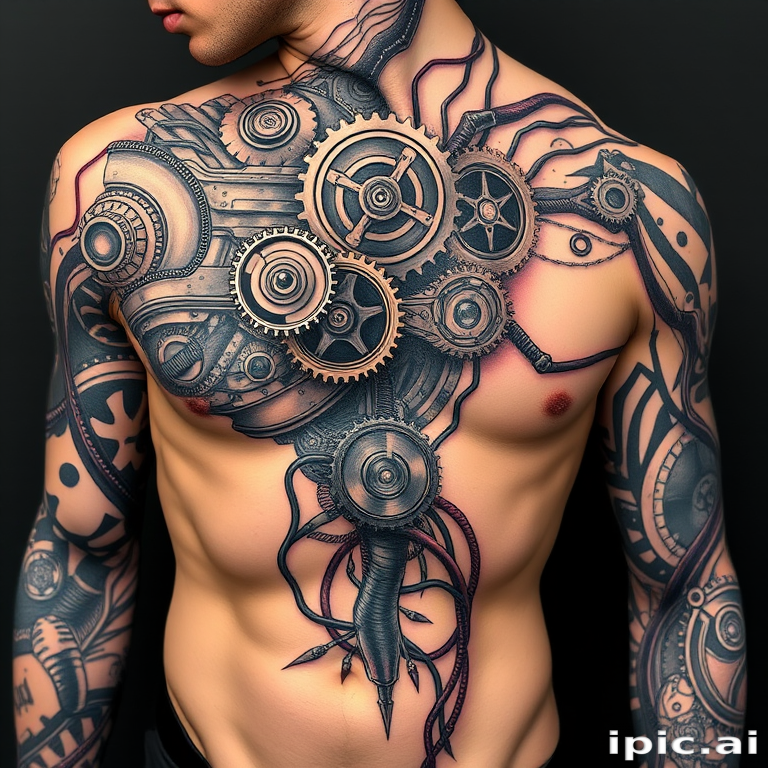 Biomechanical tattoo titled "Cyber Fusion" merging hyper-realistic mechanical components with organic forms seamlessly blending gears wires and circuitry with human anatomy in a futuristic and visually striking manner