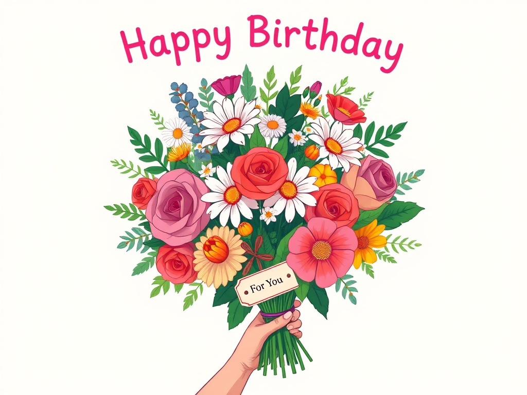Create a colorful illustration of a birthday bouquet featuring a variety of flowers such as roses, daisies, and greenery. Include a hand holding the bouquet, and add a tag that says For You. The background should be a soft cream color with the words Happy Birthday in a playful font above the bouquet.