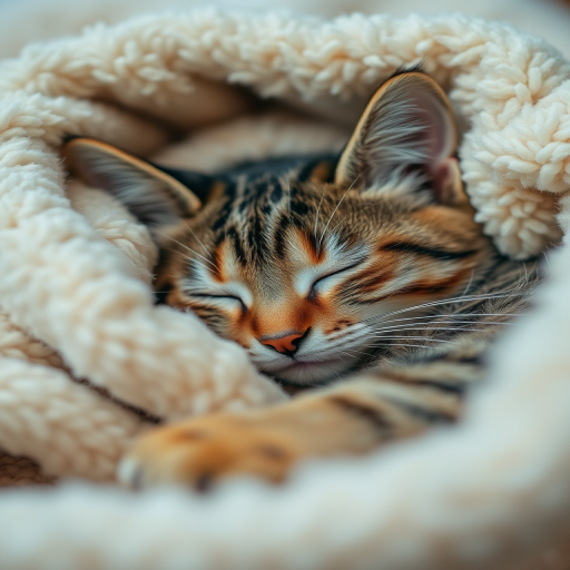 High-resolution image of a sleeping tabby cat nestled in a fluffy blanket, with a soft focus background, captured with a DSLR camera, 50mm lens, f/1.8 aperture, ISO 200, natural light, macro view.