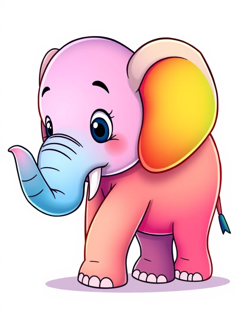 Create a bright and colorful illustration of a cartoon elephant with a gradient rainbow design on a clean white background, using a digital art style, with soft shading and outlines, captured from a slight low-angle view to enhance its character and presence.