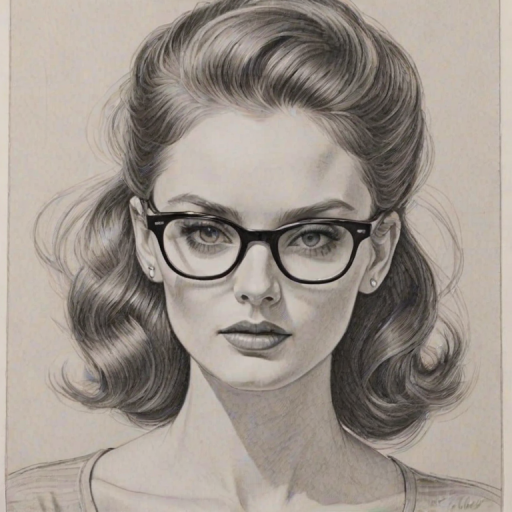 Exquisite Lydia Hearst, pencil sketch, portrait of Fetching woman 1954s in glasses, hair style beatnik, outline, clear lines, fine lines, 8k