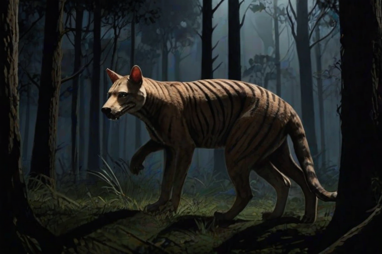 A Thylacine in a  dark forest at night.