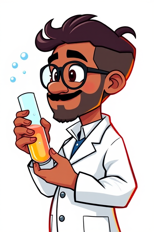 Create a cartoon character of a scientist with medium brown skin in a lab coat holding a test tube with bubbles, vibrant colors, digital illustration style, 300 DPI, 4K resolution, side view, soft lighting, Adobe Illustrator.