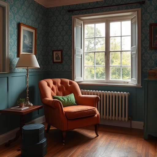Generate a vintage room interior featuring a tufted brown armchair with green accents, a window with a scenic garden view, teal patterned wallpaper, wooden floorboards, soft lighting and a cozy atmosphere, captured with a DSLR camera, aperture f/2.8, ISO 200, 24mm lens, natural light, wide-angle view for depth.