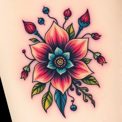 Neo-traditional tattoo titled "Enchanted Bloom" showcasing a stylized floral arrangement with bold outlines, vivid color gradients, and whimsical decorative elements inspired by Art Nouveau designs