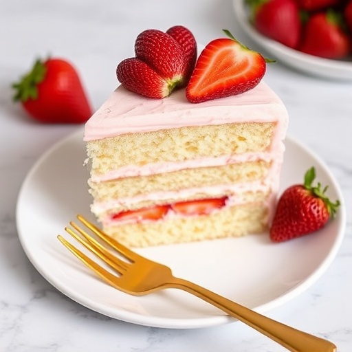 A slice of layered vanilla cake with strawberry filling and frosting topped with fresh strawberries on a white plate with a gold fork on a marble surface