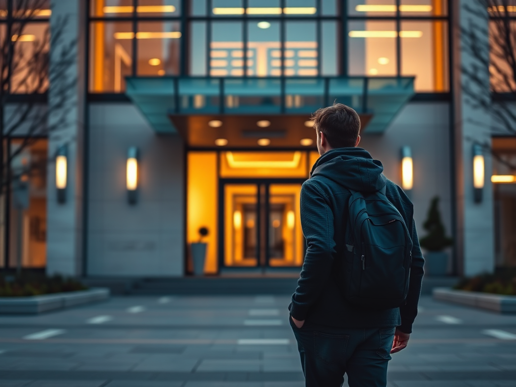 Generate an image of a person walking in front of a modern building entrance at dusk with warm lighting, using a DSLR camera, 50mm lens, f/2.8 aperture, ISO 400, and a shallow depth of field.