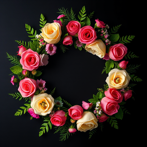 create a floral wreath design featuring colorful roses and greenery on a black background, captured with a DSLR camera at f/2.8, 50mm lens, ISO 100, 1/200s, top-down view, in high resolution with vibrant colors and sharp details.