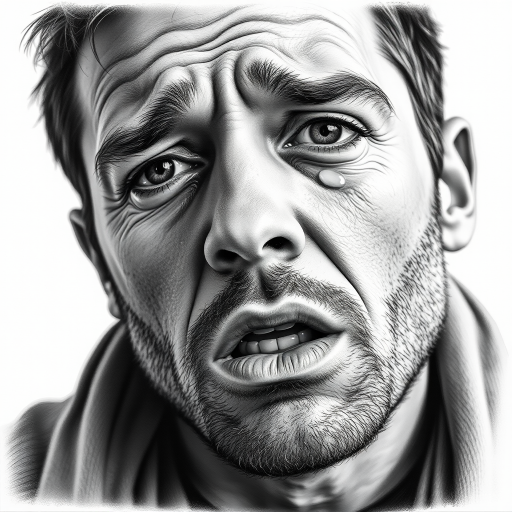 Regenerate a hyper-realistic black and white drawing of a man crying, capturing strong emotions with tears streaming down his face, shot with a 50mm lens at f/1.8 for shallow depth of field, using a full-frame DSLR camera in soft natural light for increased detail and contrast.