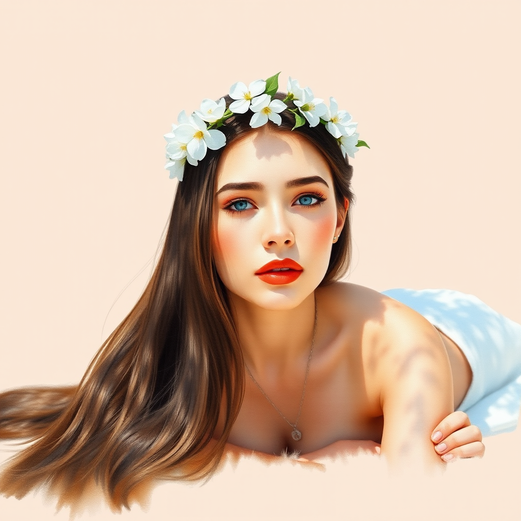 create a watercolor painting of an ethereal portrait of beautiful Turkmen woman with a simple white flower crown on her head. Her hair is long and she is lying on the ground. The sunlight on the trees casts shadows from the leaves on her face and body. The background is a neutral brown color that matches her skin tone. The image is minimalist and solid colors. This style is characterized by soft, delicate brushstrokes and a light, airy, contrasting color palette. High level of detail and play of light