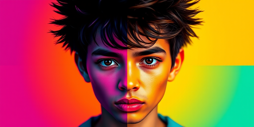Create a high-resolution digital pop art portrait featuring a person with spiky hair in four quadrants, each with a different vibrant background color (purple, orange, yellow, turquoise), using a Canon EOS R5, 50mm lens, f/1.8 aperture, ISO 100, and a slight vignette effect for enhanced depth.