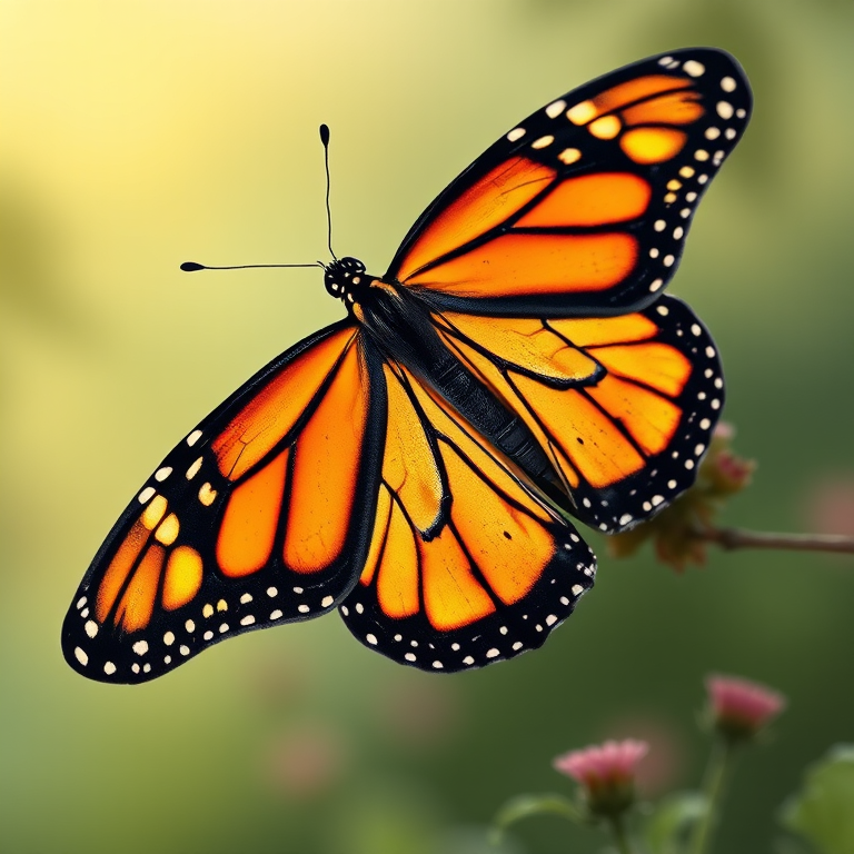 Create a vibrant and detailed illustration of a monarch butterfly with bold orange and black patterns, using a DSLR camera with a macro lens, shot at f/2.8, ISO 100, 1/200 sec, with a soft-focus background to enhance depth of field.
