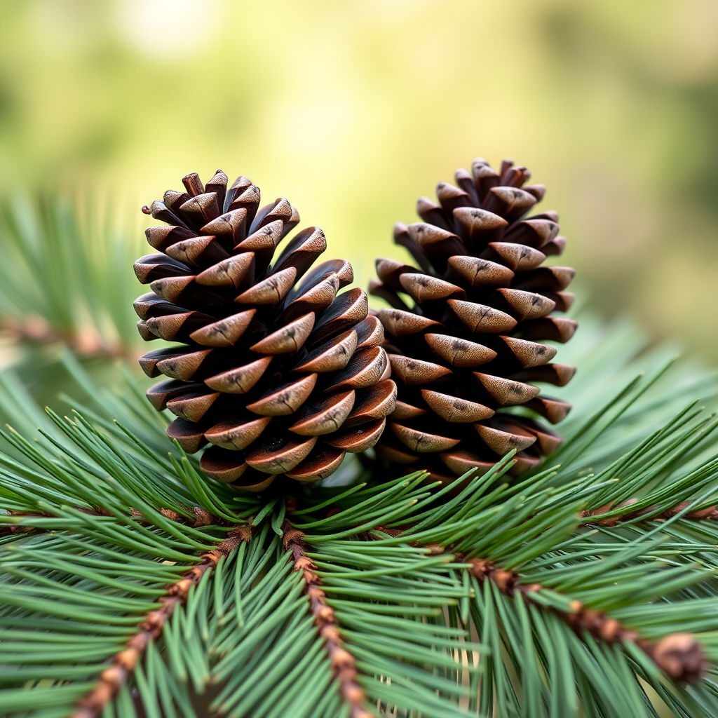 Create a high-resolution image of two pinecones surrounded by green pine needles with a soft focus background, using a DSLR camera at f/2.8 aperture, 50mm focal length, and natural lighting for enhanced detail and depth.