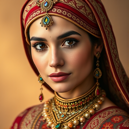 Create a portrait of a beautiful Chaldean woman with striking black eyes and a gentle expression. She is adorned in traditional attire with intricate patterns, including a richly embroidered headscarf and matching garments. Her jewelry includes a delicate headpiece, dangling earrings, and ornate bracelets, all featuring vibrant gemstones and detailed metalwork. The background is soft and warm, enhancing the rich colors of her outfit and jewelry.