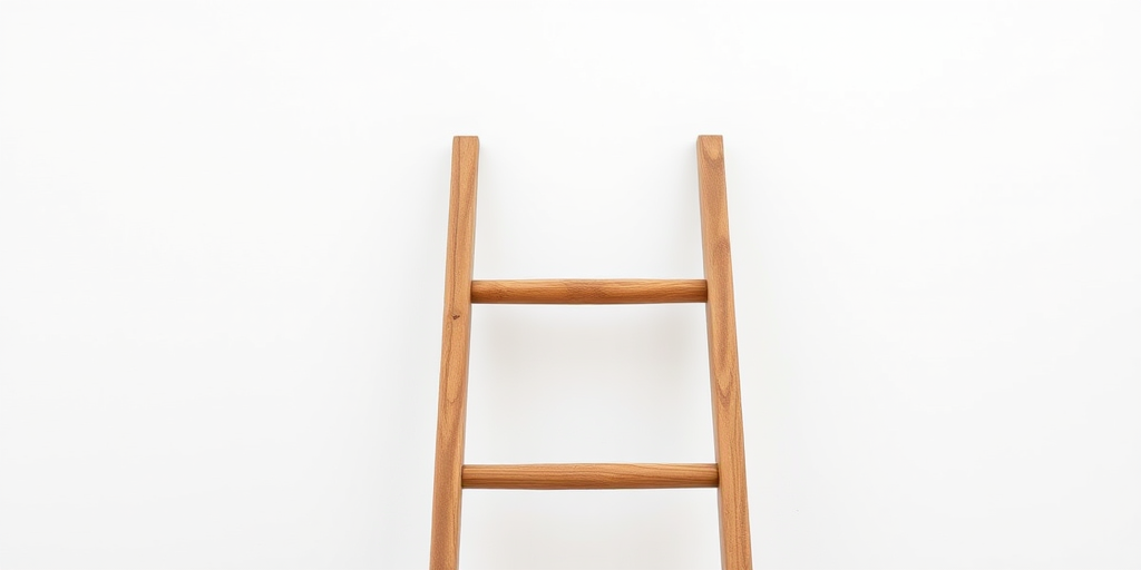 Generate an image of a vertical wooden ladder against a plain white background, using a DSLR camera with a 50mm lens, aperture set to f/2.8, ISO 100, and a shutter speed of 1/100s, capturing a clear and detailed view with natural lighting.