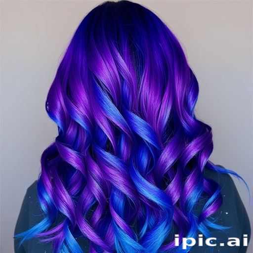 Intense purple to blue ombre style called "Twilight Galaxy" with long layers, vibrant color transition from deep violet roots to electric blue ends, soft spiral curls cascading down back, starry glitter accents scattered throughout