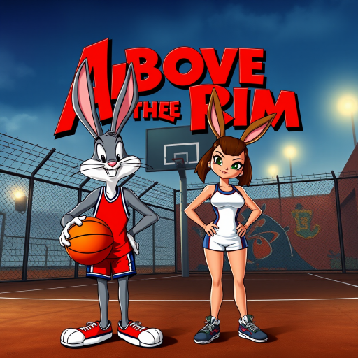 Design an Above the Rim poster featuring Bugs Bunny as Kyle and Lola Bunny as Shep. Bugs is dressed in a basketball jersey and shorts, holding a basketball with a confident expression, while Lola stands beside him in athletic gear, looking determined. The background features an urban basketball court with a wire fence, streetlights, and graffiti. The title "Above the Rim" appears in bold red letters at the top, keeping the original street basketball vibe
