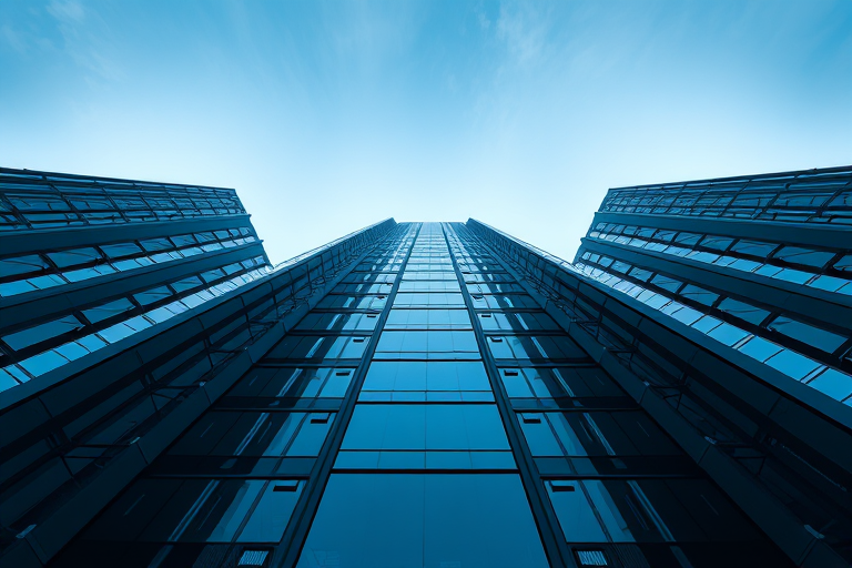 high-resolution image of a modern skyscraper from a low-angle perspective, emphasizing height and geometric patterns, daylight setting, f/11 aperture, ISO 100, 24mm lens, HDR photography style, digital camera
