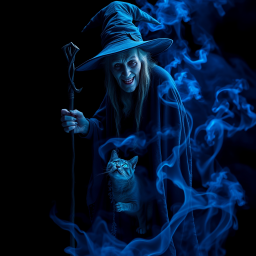 Close-up of a mysterious old crone female witch and her cat made of blue smoke are standing in the dark cackling evilly at the viewer. The smoke is a deep blue, and the background is black. The crone is wearing a long, flowing robe and has a pointed hat on her head. She is holding a staff in one hand and has a mischievous look on her face. The cat is sitting at her feet, looking up at her with glowing blue eyes. The smoke around them is swirling and shifting, as if it has a life of its own. The overall effect is eerie and magical.