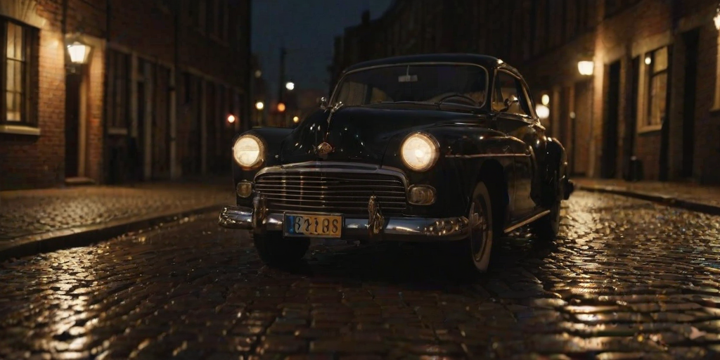 Crisp, detailed shot of a vintage car parked under a streetlamp at night, soft light reflecting off the polished chrome, cobblestone street wet from recent rain, reflections of nearby buildings in the car's windows, an old brick wall in the background, shadows stretching across the pavement.