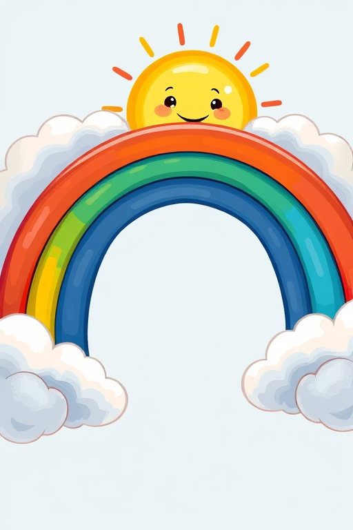Create a vibrant illustration of a rainbow with five distinct colors, flanked by fluffy clouds and a smiling sun peeking from behind, using a digital drawing style with high saturation, 300 DPI, and a soft focus effect, viewed from a slight angle to give depth.