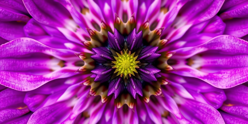 Create a symmetrical floral pattern with vibrant purple tones, capturing intricate details, using a close-up view with a macro lens, aperture set to f/2.8, shutter speed 1/200s, ISO 100, shot with a DSLR camera.