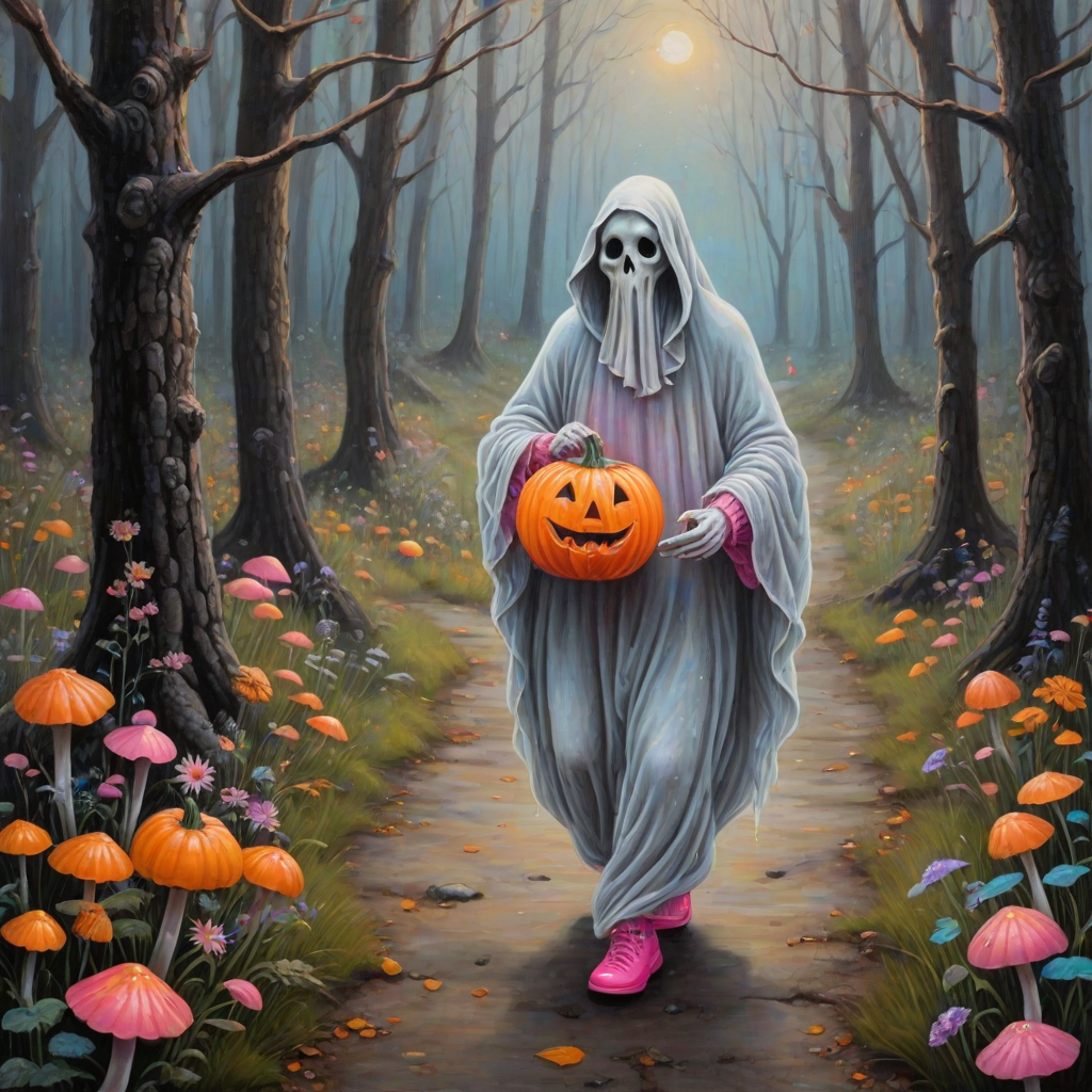 whimsical acrylic and oil painting, 3D, of a ghost, walking and carrying an orange pumpkin bucket and a lantern in the other hand, with bright pink croc shoes, background path in the enchanted forest, wildflowers, colorful mushrooms misty hues of black and orange with bright gold glitter, ultra detailed..Inspired by a prompt from another group