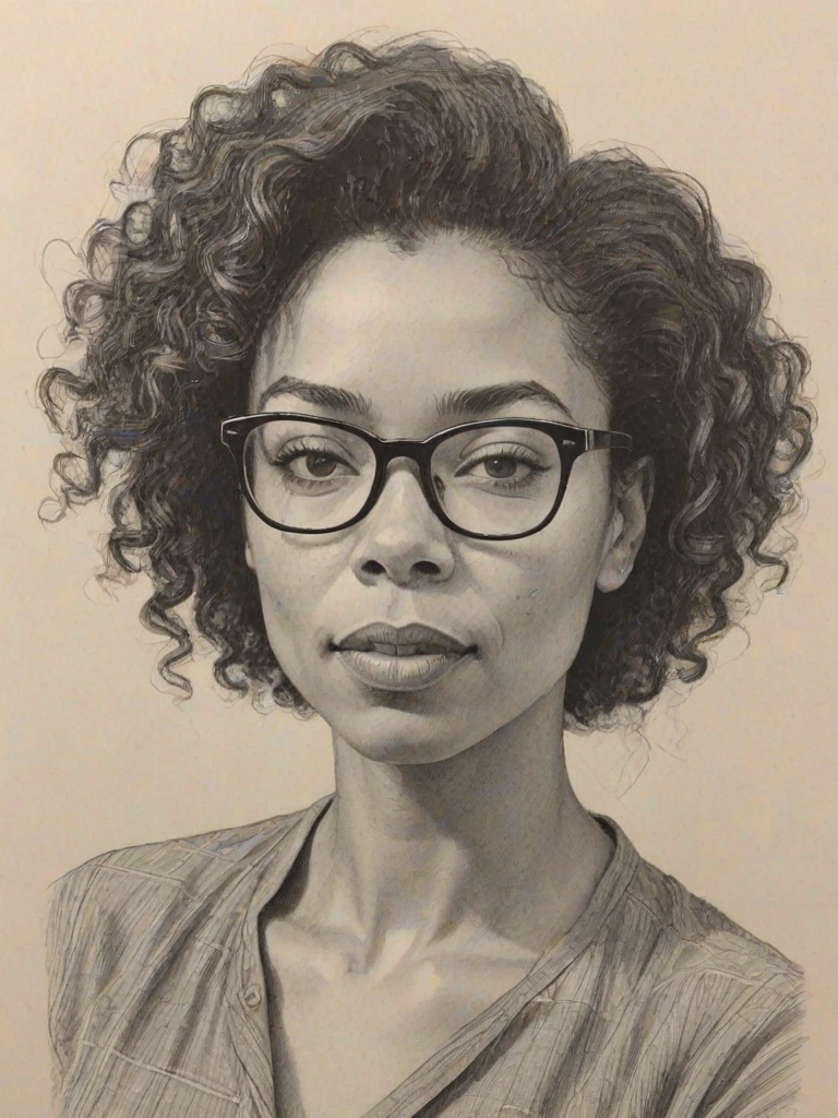 Charming Sophie Okonedo, pencil sketch, portrait of Radiant woman 1958s in glasses, hair style beatnik, outline, clear lines, fine lines, 8k