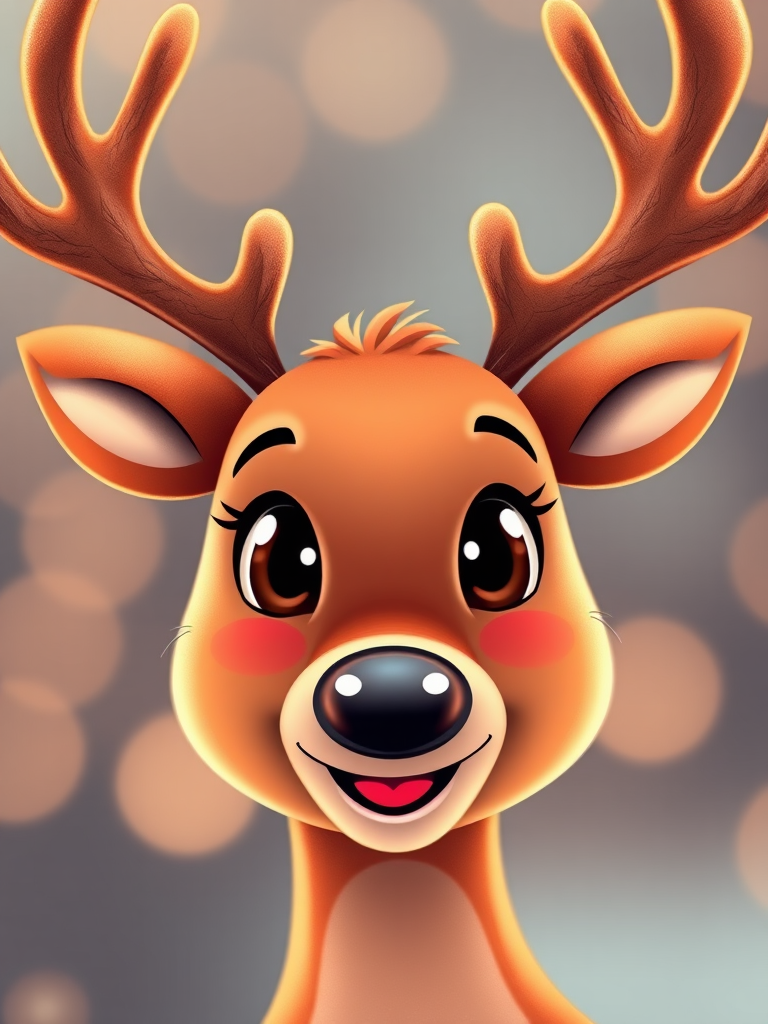 Create a cute cartoon-style reindeer face with a smooth texture, warm color palette, soft lighting, and a cheerful expression, captured with a DSLR camera using a 50mm lens at f/1.8, ISO 100, and a slight bokeh effect in the background.