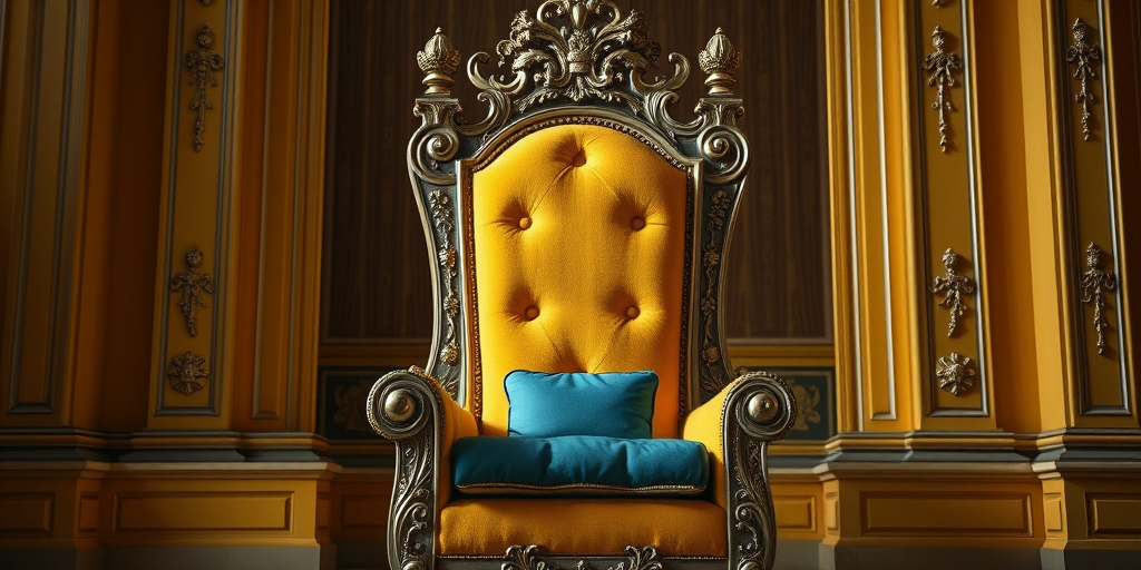 Regenerate an image of a royal throne with a yellow color scheme and a blue cushion, captured using a DSLR camera with a 50mm lens at f/1.8 aperture, in a centered view with soft lighting and vibrant colors.