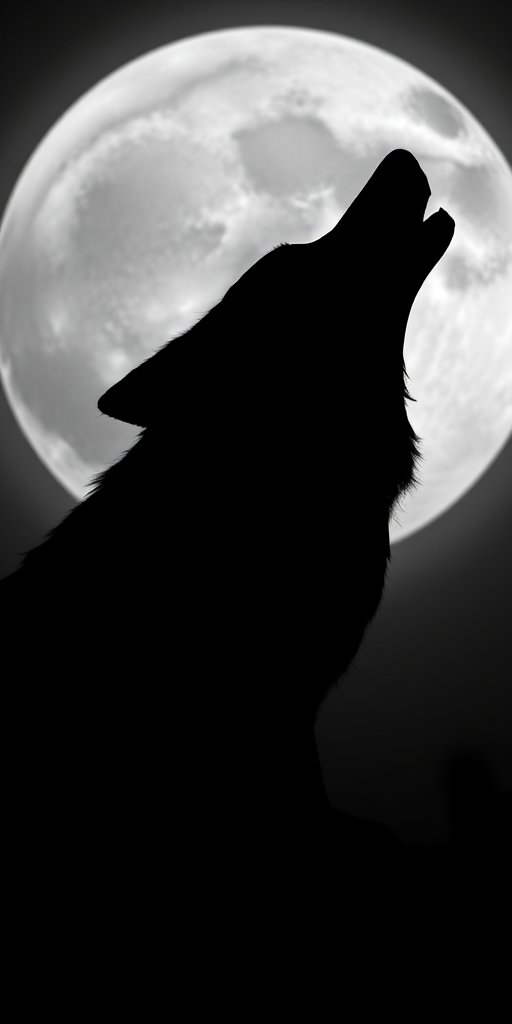 create a high-contrast silhouette of a howling wolf against a full moon background, use a DSLR camera with a 50mm lens, aperture f/2.8, shutter speed 1/125s, ISO 400, top-down view, black and white style, high dynamic range