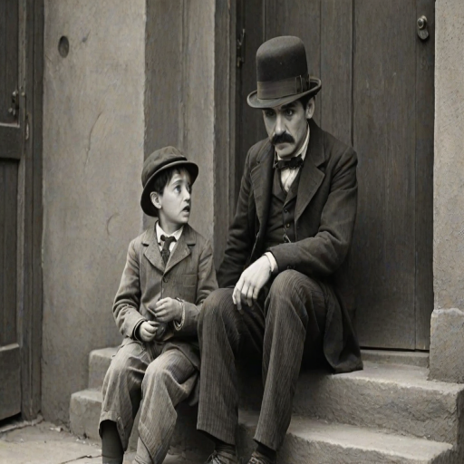 A black-and-white photograph of a man and a child sitting on steps in front of a doorway. The man is dressed as a tramp with a bowler hat, mustache, and ragged clothes, reminiscent of Charlie Chaplin's iconic look. He is sitting with his arms crossed and an expression of slight sadness or frustration. Next to him is a young boy, also in worn clothes and a cap, sitting with his hands clasped, looking thoughtful. The background is an old, textured wall and a partially open door, creating a vintage, early 20th-century atmosphere.