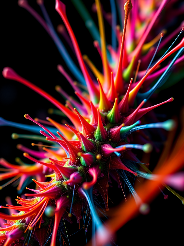 Create a vibrant fractal art image featuring colorful spikes and strands on a black background, captured with a Canon EOS R5 at f/8, ISO 100, 1/200s, using a wide-angle lens and macro photography style to enhance detail and depth.