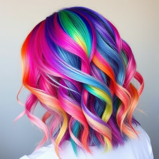 Vibrant rainbow hair arranged in the "Prismatic Dream" style showcases a spectrum of colors blended seamlessly together in a mesmerizing swirl of hues
