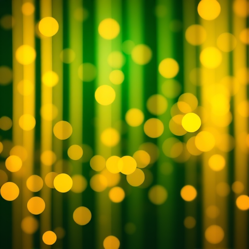 Generate a high-resolution abstract background with vertical glowing lines and floating bokeh circles in green and gold hues, captured with a DSLR camera at f/2.8 aperture, ISO 100, 1/60 sec shutter speed, taken from a close-up view with a macro lens for enhanced detail.