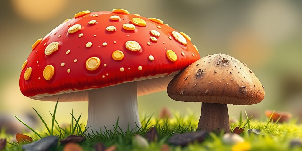 Create a vibrant illustration of a large red mushroom with orange spots beside a smaller brown mushroom, using a 50mm lens, f/2.8 aperture, ISO 100, with a shallow depth of field to emphasize the colors and details, captured in a bright, soft-focus style.