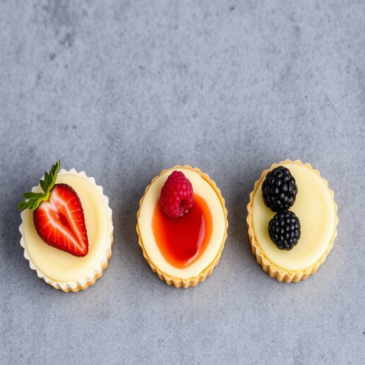 Create an image of miniature cheesecakes arranged on a gray surface each topped with different fruits such as a strawberry with leaves a raspberry and a blackberry with a red sauce in the center. The cheesecakes should have a crumbly crust and a smooth creamy filling with a decorative paper liner.
