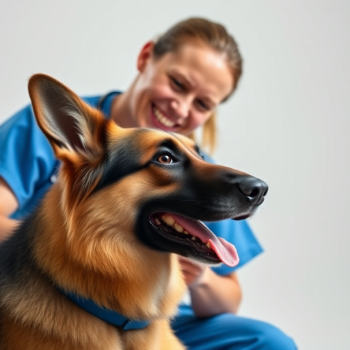 a veterinarian in blue scrubs joyfully interacting with a German Shepherd, soft natural lighting, shallow depth of field, 50mm lens, f/1.8 aperture, ISO 200, 1/200s shutter speed, studio backdrop, captured with a DSLR camera