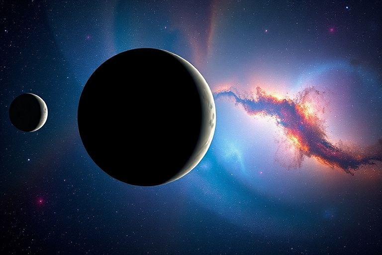 Generate a high-resolution image of a vibrant cosmic scene featuring a large, dark planet in the foreground, a smaller moon nearby, and a colorful galaxy in the background, captured with a wide-angle lens at f/2.8, ISO 100, shutter speed 1/200s, using a DSLR camera with astrophotography settings.