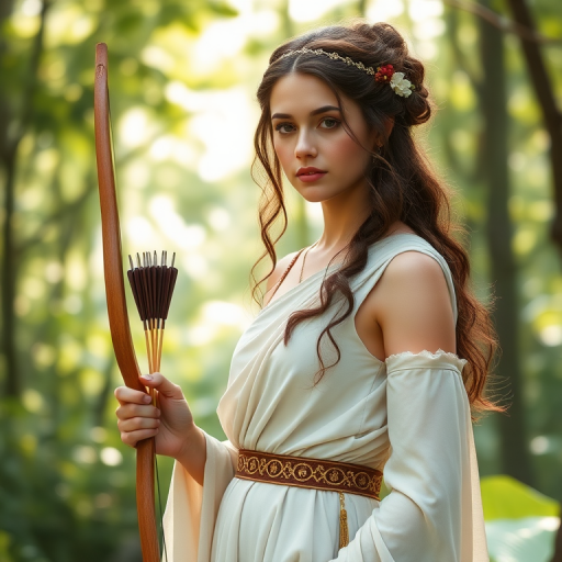 Create a portrait of a goddess-like Coptic girl figure in a tranquil, forested environment. She has an elegant appearance with long, wavy hair styled in an updo and adorned with a delicate, floral headband. She wears a flowing, ancient Greek-inspired gown in a soft, pale color, featuring a one-shoulder design and draped fabric that accentuates her graceful form. The outfit includes a decorative belt with ornate gold detailing, and she holds a bow in her hand, with a quiver of arrows slung over her shoulder. The background depicts lush greenery, with sunlight filtering through the trees, casting a gentle, ethereal light on the scene. Her expression is calm and contemplative, embodying a sense of wisdom and serenity.