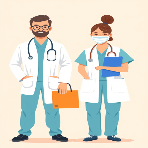 Create an illustration of four healthcare professionals including a doctor, nurse, and two medical staff members, in a flat design style, with a soft beige background, using a digital art technique, simulated DSLR camera settings 50mm lens, f/4 aperture, and natural lighting for enhanced clarity and vivid colors.