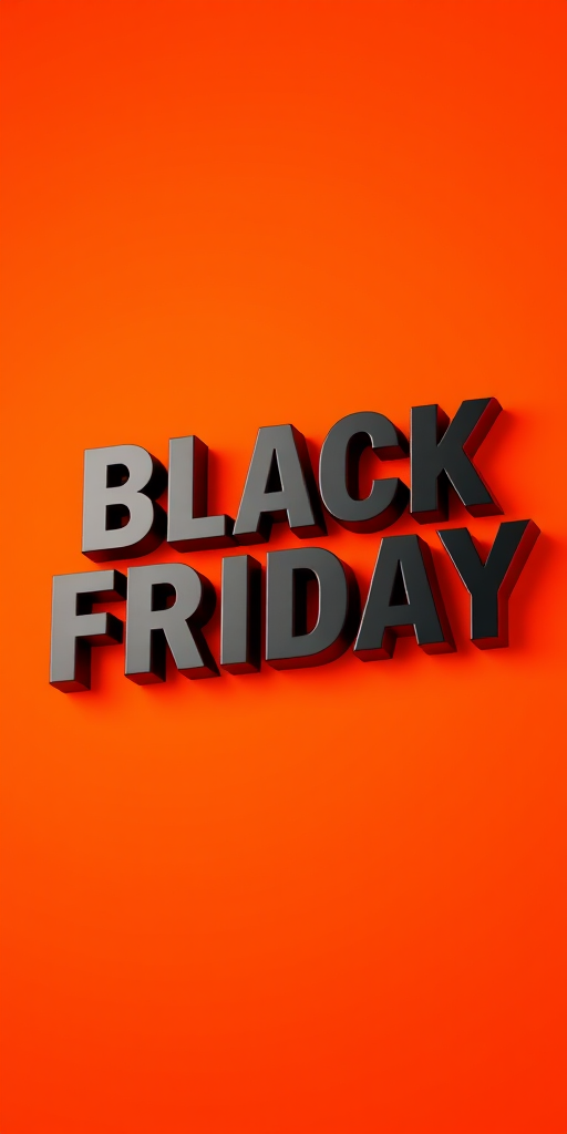 Create a 3D text rendering of "BLACK FRIDAY" with a glossy finish and dramatic shadows against a vibrant orange gradient background, using a DSLR camera with a 50mm lens, f/1.8 aperture, ISO 100, and a low-angle shot for added depth.