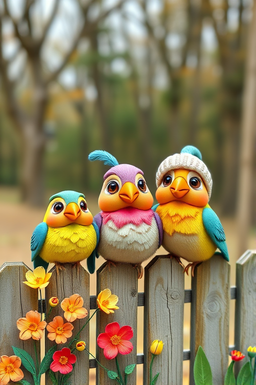 create a scene of 4 quirky  whimsical colourful comical birds each with a funny expression. they are sat on a wooden fence with colourful flowers. they are all different sizes. each one is a different colour  one is wearing a woolly hat. Each one has a different quirky google expression and there is a muted background of trees watercolour paintierly style high definition 8k resolution 3D paper mache