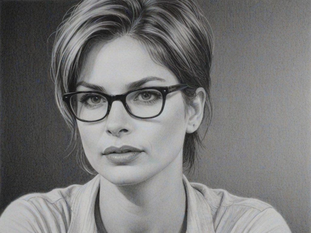 Stunning Gale Harold, pencil sketch, portrait of Gorgeous woman 1957s in glasses, hair style beatnik, outline, clear lines, fine lines, 8k