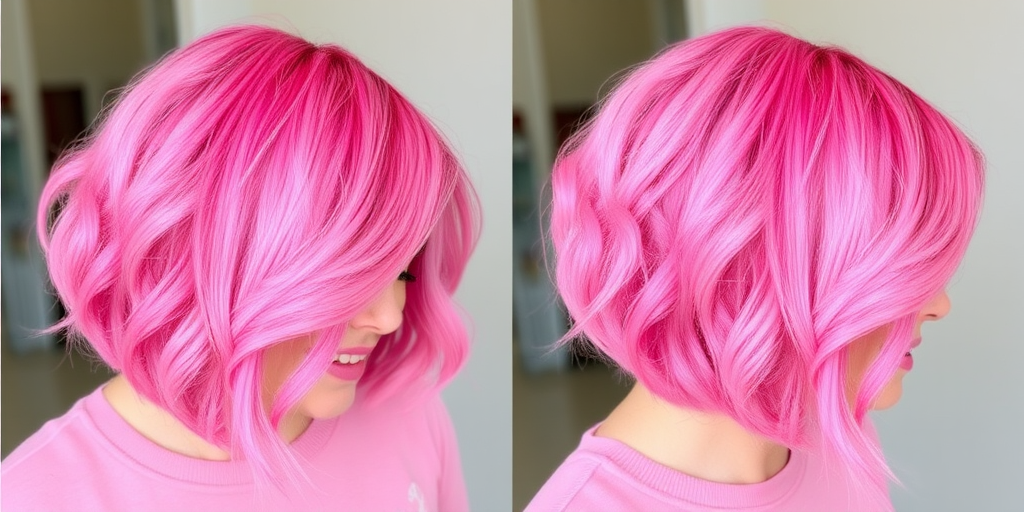 Playful bubblegum pink bob dubbed "Cotton Candy Crush" with blunt cut ends, pastel pink base with darker rose accents, textured waves throughout, side-swept bangs blending seamlessly, whimsical and fun appearance