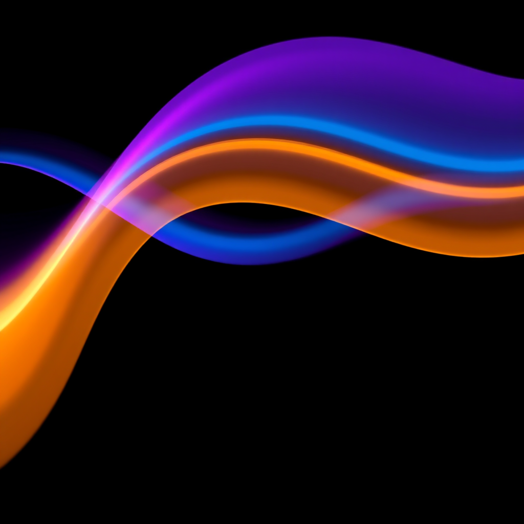 generate a smooth gradient wave of colors in purple, blue, gold, and orange against a black background with a Canon EOS R5 camera, 50mm lens, f/1.8 aperture, 1/100 sec shutter speed, ISO 100, capturing in high-resolution and vibrant colors, using long exposure for a soft motion effect